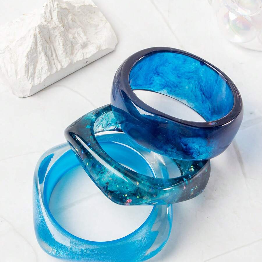 3pcs Blue Resin Bracelet Set, Elegant Minimalist
